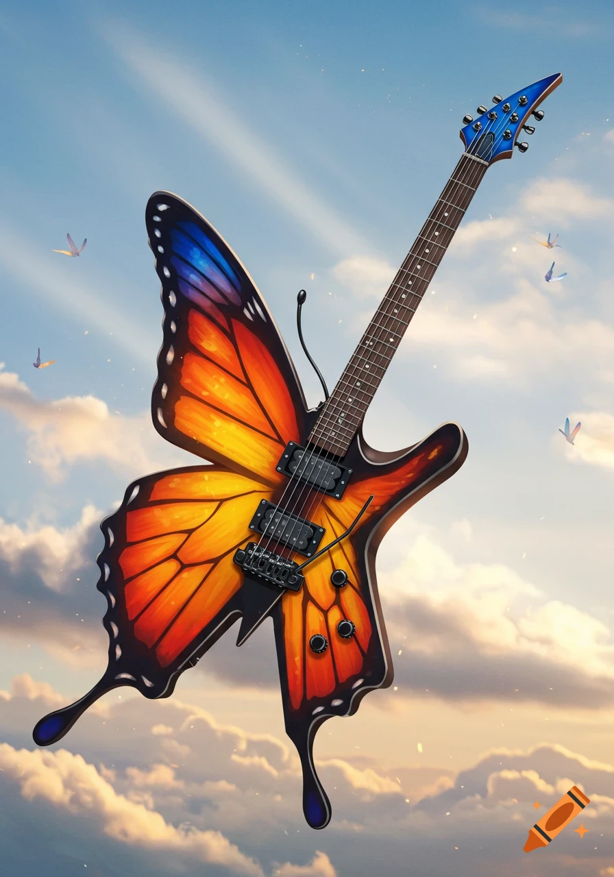 A vibrant electric guitar with orange and blue butterfly wings floats in a bright, cloudy sky.