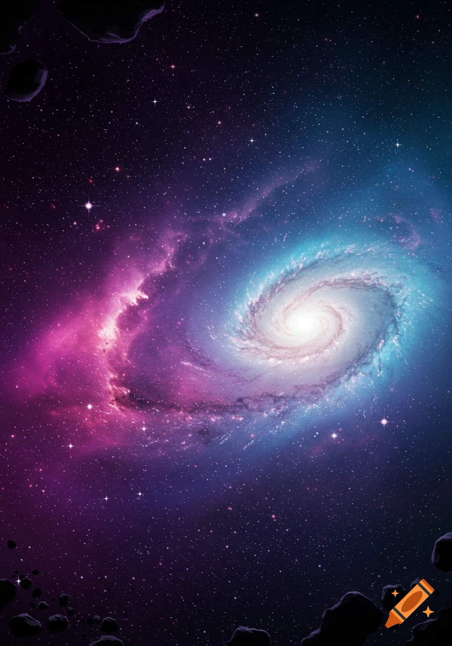 A vibrant spiral galaxy with pink and blue nebulae, surrounded by countless stars and dark asteroids in deep space.