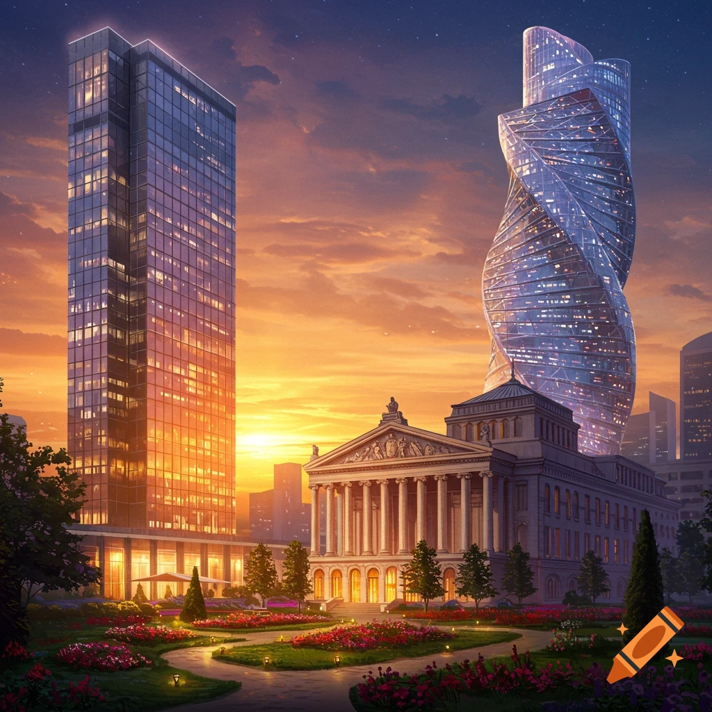 Two modern skyscrapers and a classical building overlooking a vibrant garden at sunset.