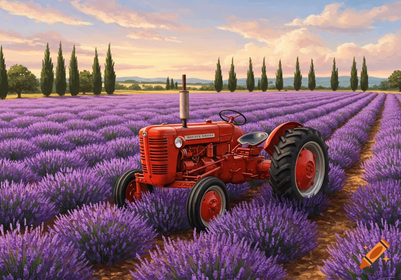 A red vintage tractor sits in a vibrant purple lavender field under a cloudy sunset sky with cypress trees.