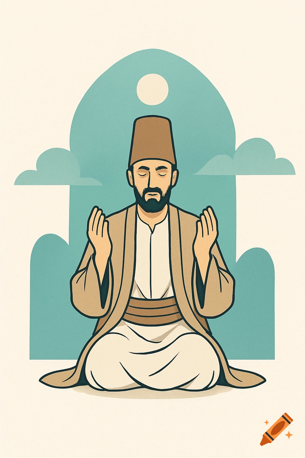 A stylized illustration of a bearded man in a brown hat and robe, sitting in a meditative pose with raised hands against a teal arched background with clouds and a sun.
