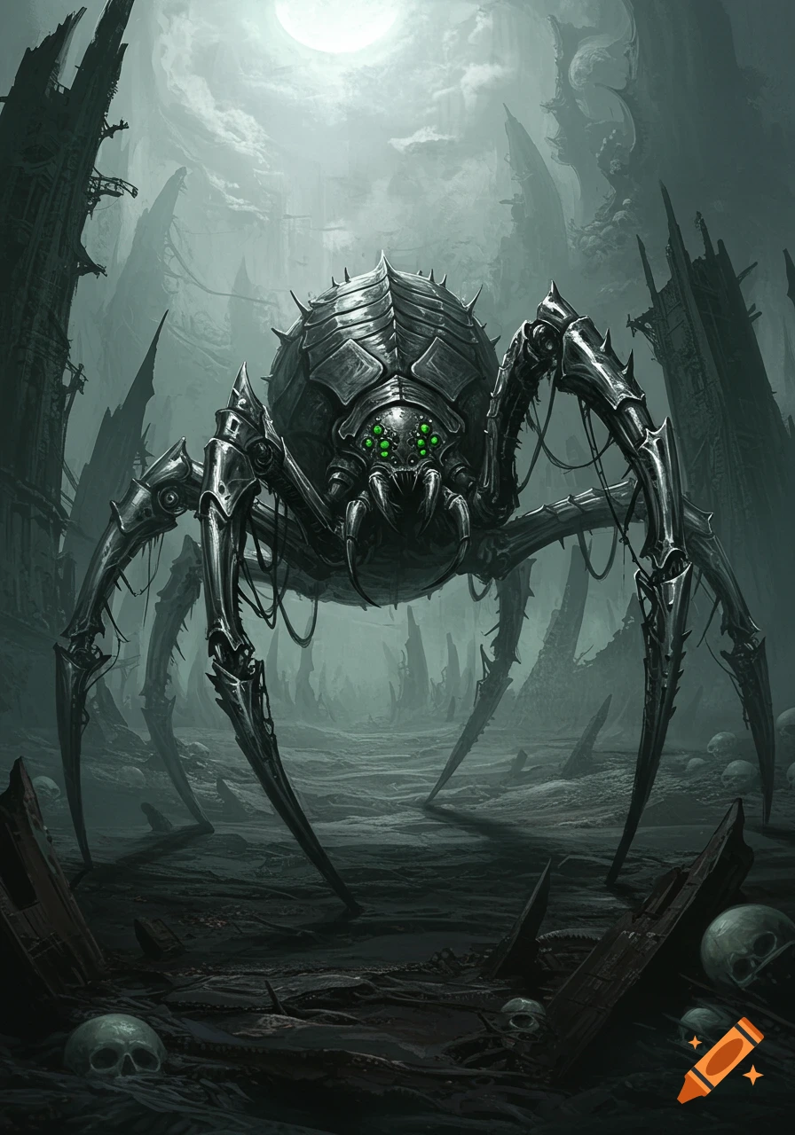 A menacing, metallic spider with glowing green eyes in a desolate, grimdark landscape with spiky structures and scattered skulls.