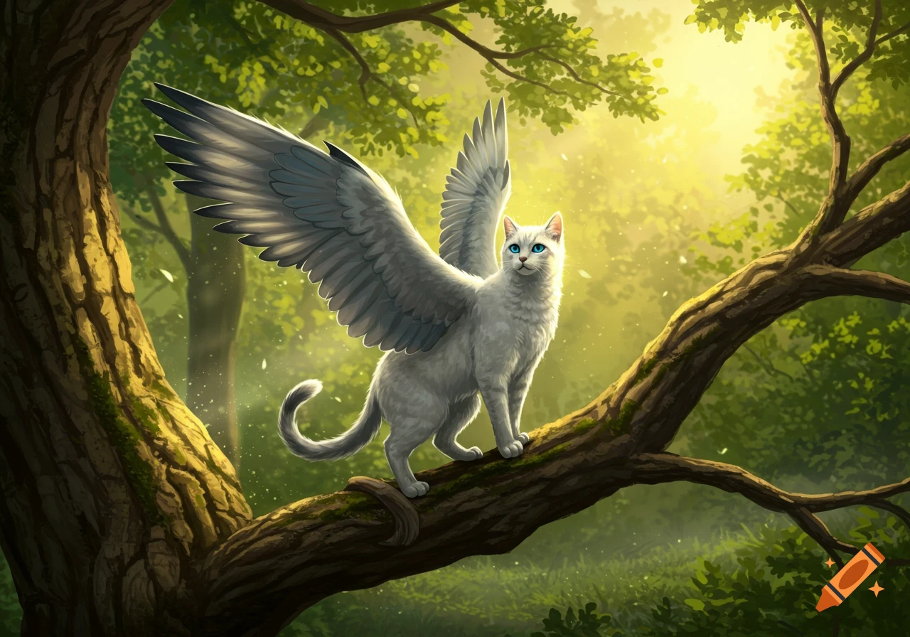 A white winged cat with blue eyes sits on a mossy tree branch in a sunlit forest.