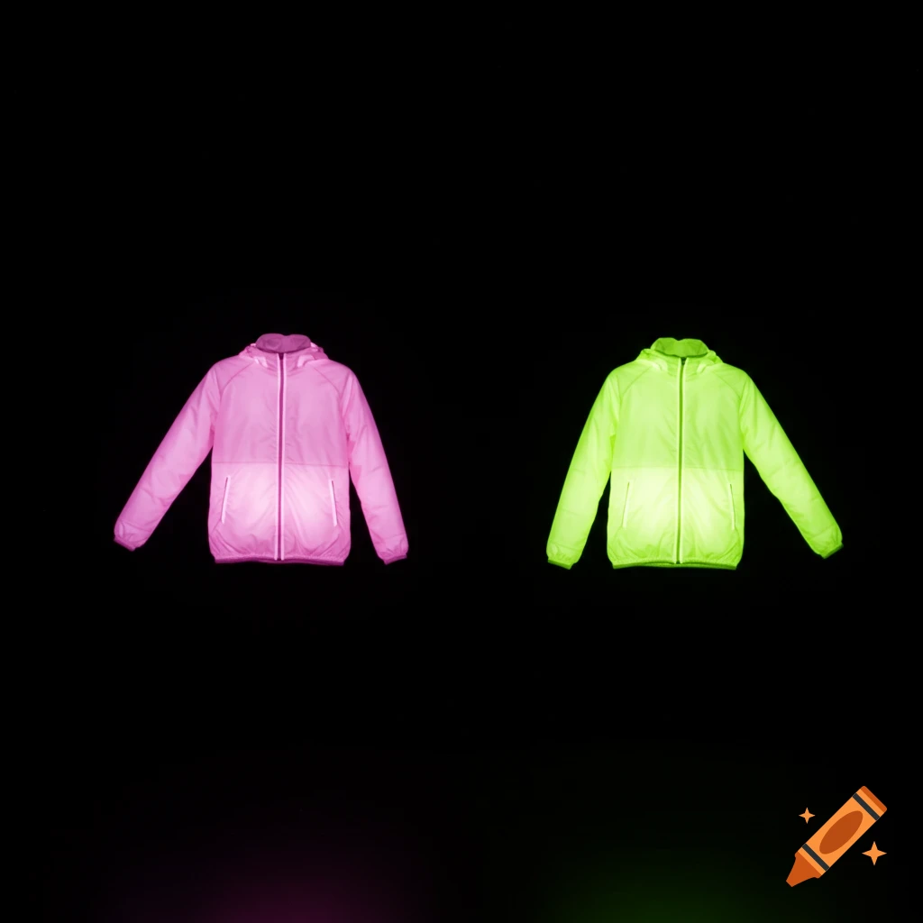 Two glowing, fluorescent jackets, one pink and one bright yellow-green, float against a pitch-black background.