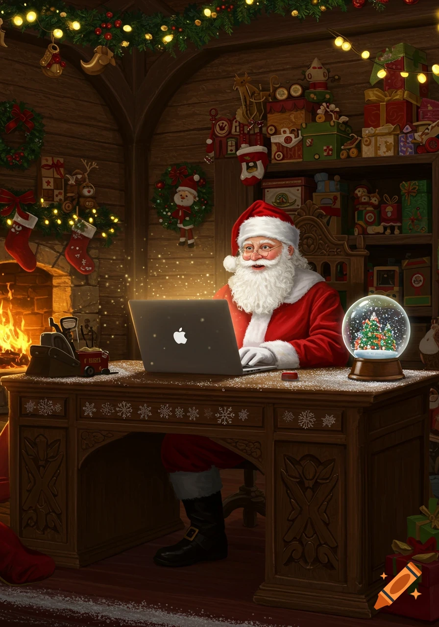 Santa Claus with a white beard works on a laptop at a wooden desk in his magical Christmas grotto, surrounded by festive decor.