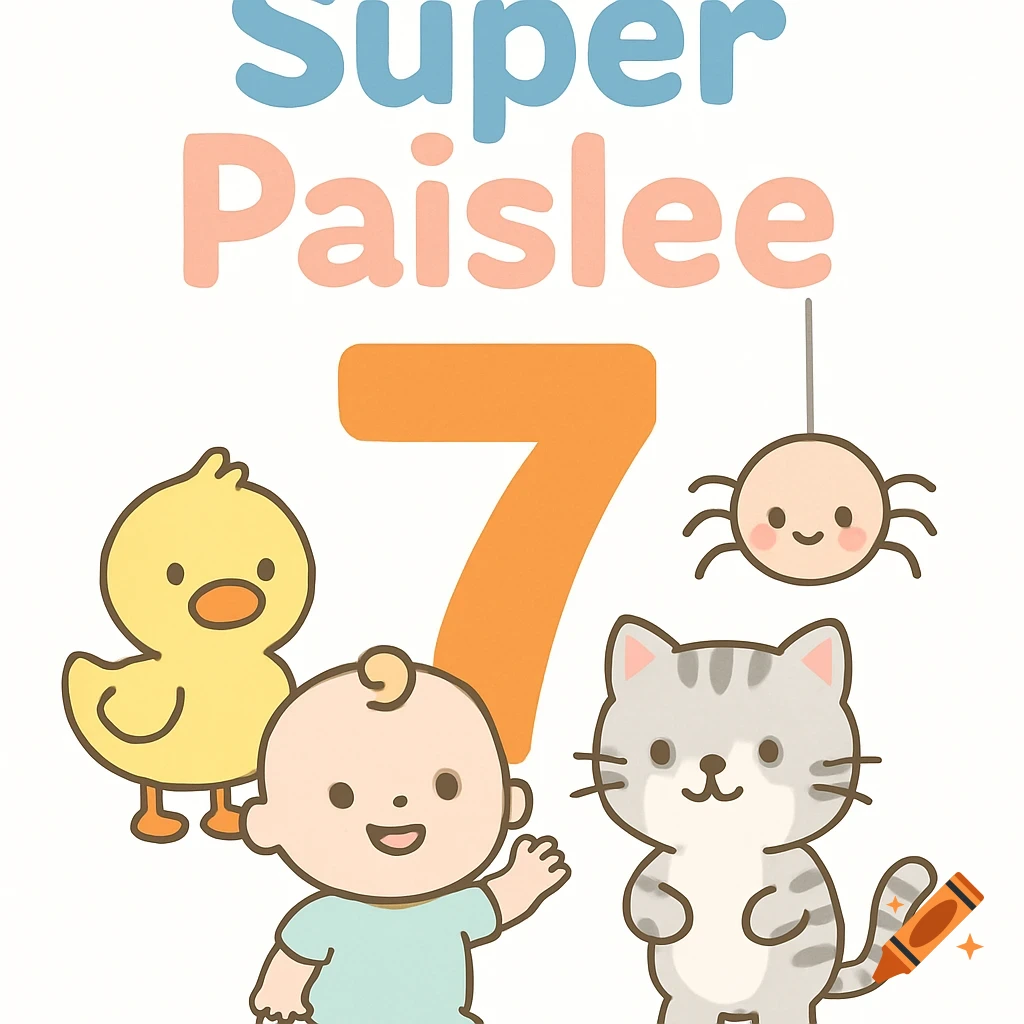 A cute cartoon illustration features the text "Super Paislee", a large orange number 7, a baby, a yellow duck, a gray cat, and a small spider on a string.