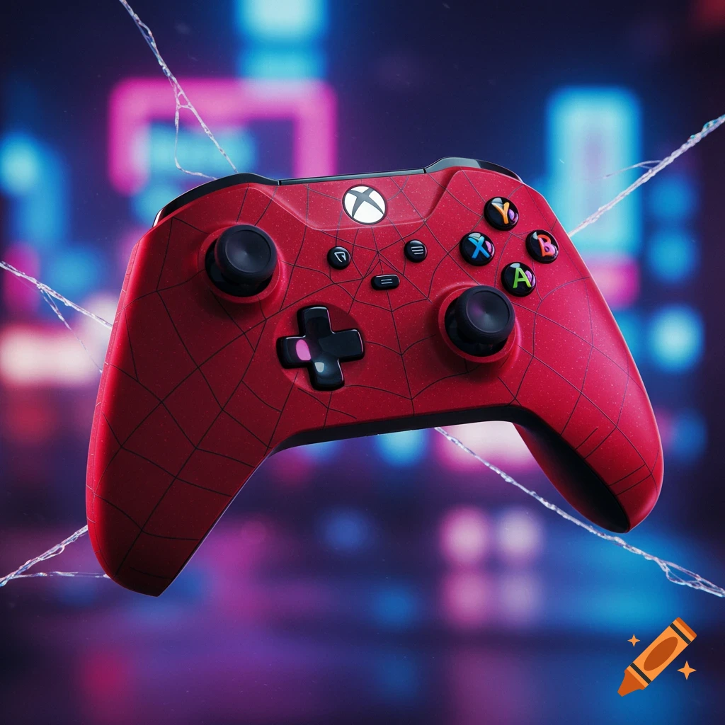 A red Xbox controller with a black Spider-Man web pattern, floating against a blurry, neon-lit city background with thin white webs.