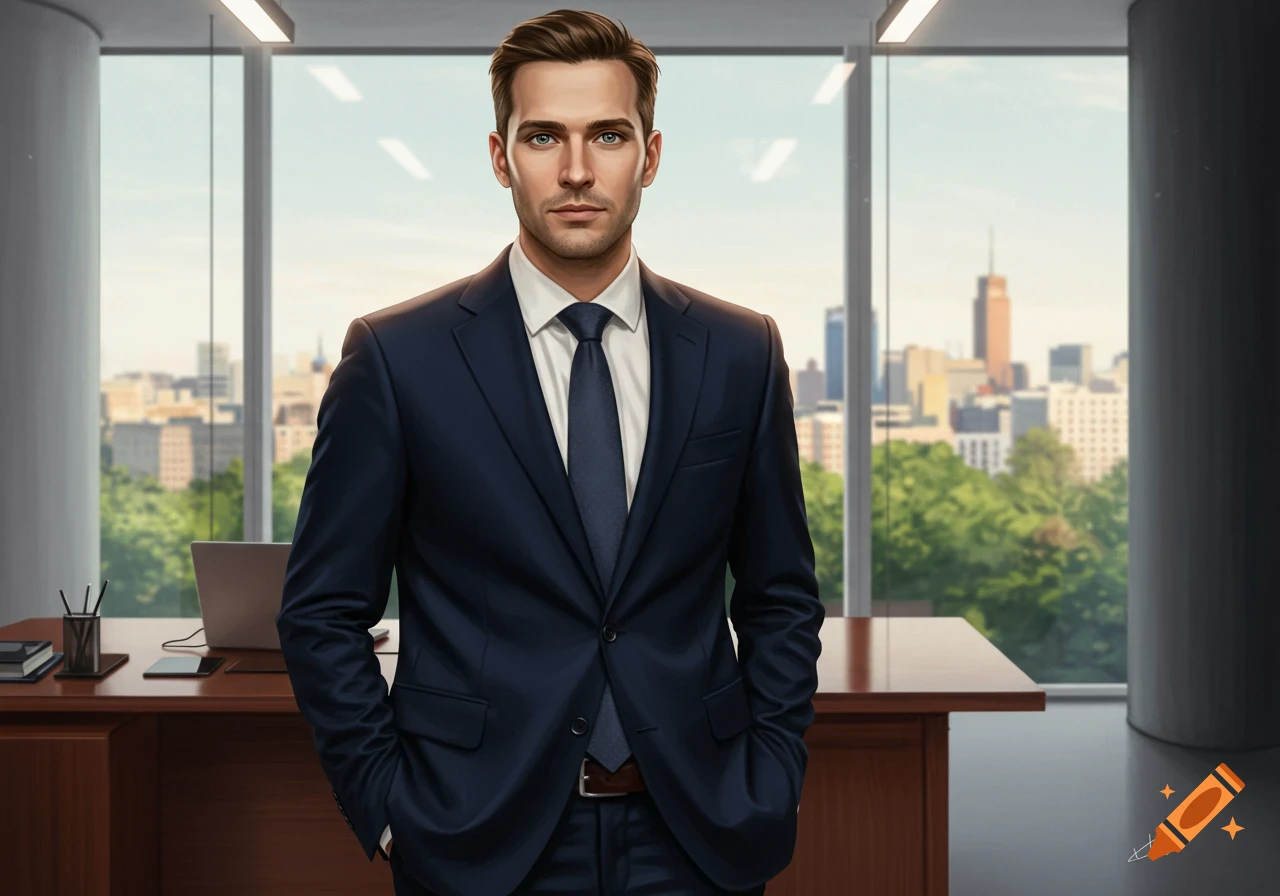 A handsome man in a dark suit and tie stands in a modern office with a city view outside the window.