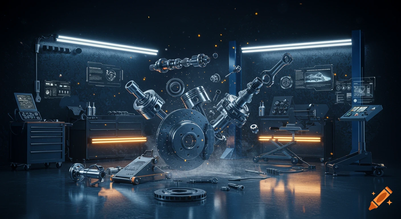 Ultra-realistic 3D cinematic scene of floating automotive parts (brake disc, pistons) in a futuristic dark workshop with glowing blue and orange lights.