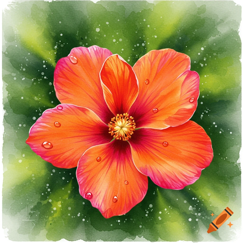 Vibrant orange and red watercolor exotic flower with dew drops on green foliage background.