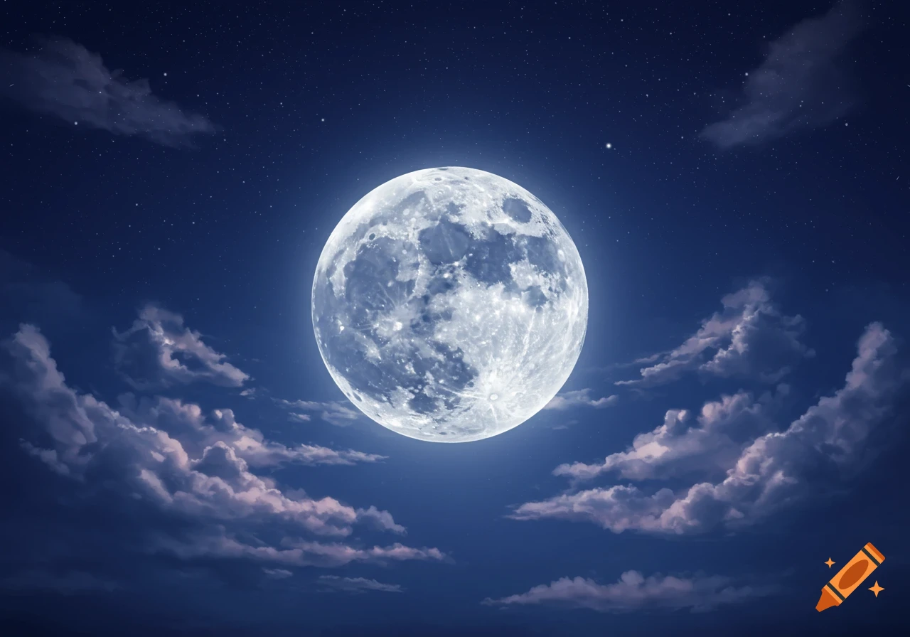A bright full moon glows in a dark blue night sky, surrounded by scattered stars and wispy, illuminated clouds.