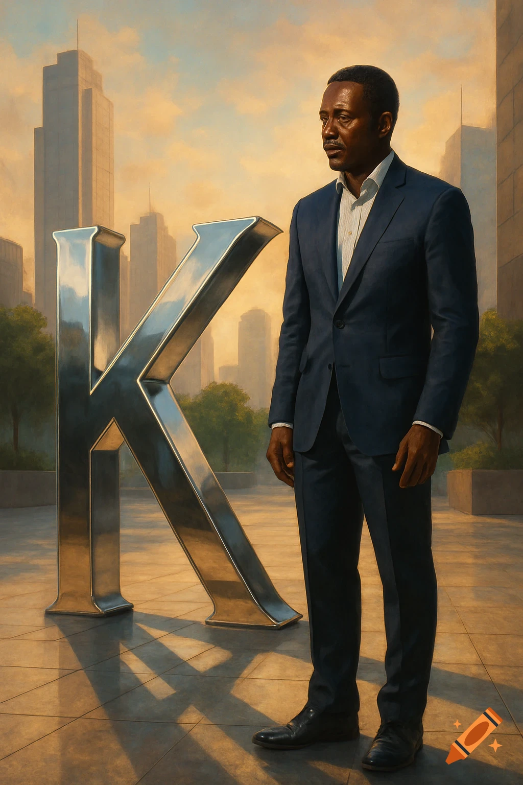 A Black man in a dark suit stands next to a large metallic letter K statue in a city with skyscrapers at sunset. Photorealistic.