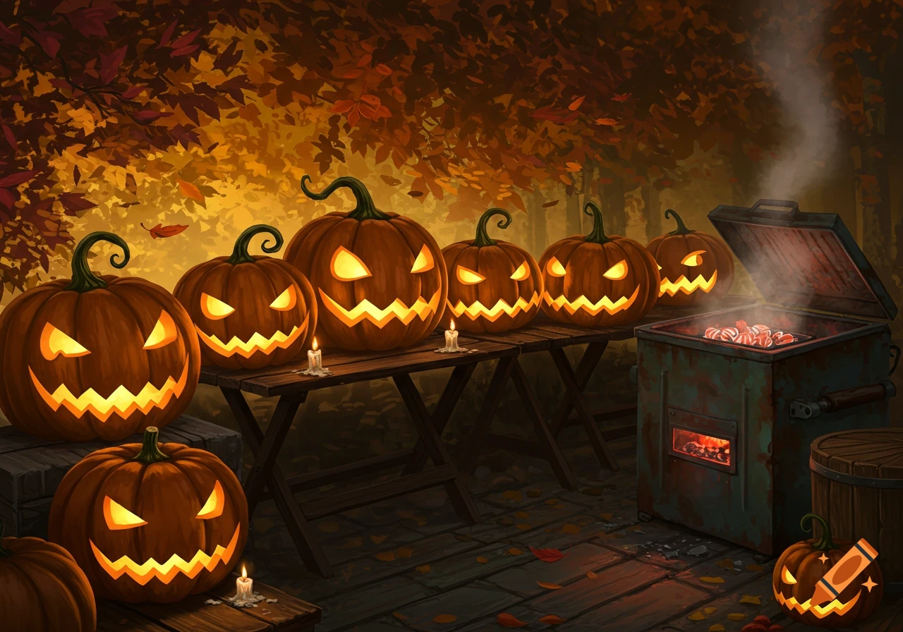 A row of spooky glowing jack-o'-lanterns on wooden tables and the ground, beside a smoking grill cooking candy in an autumn night scene. Stylized art.