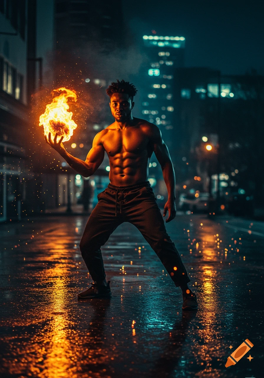 A muscular Black man, shirtless and wearing dark pants, holds a glowing fireball in his hand on a wet city street at night.