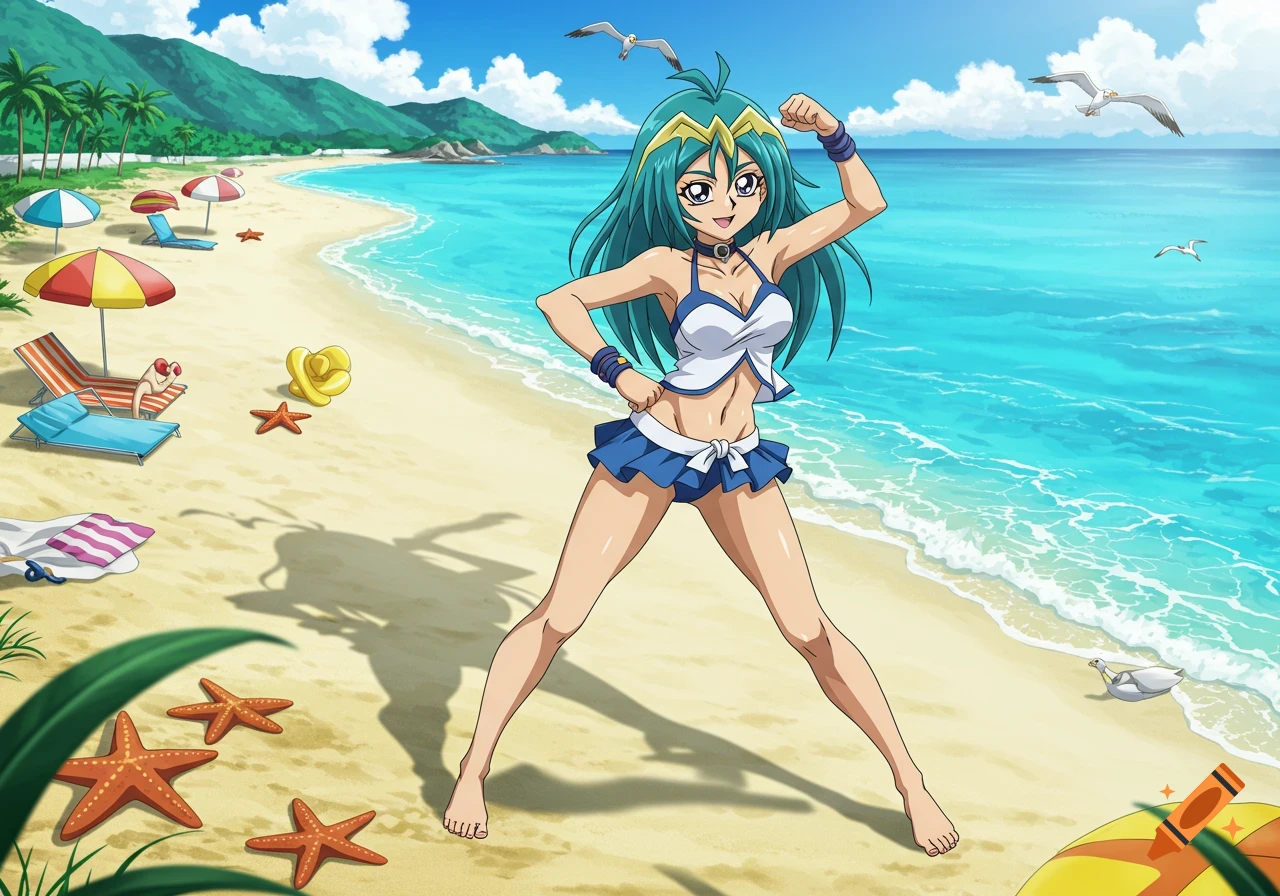 An anime girl with blue-green hair in a blue and white swimsuit flexes her bicep on a sunny beach.