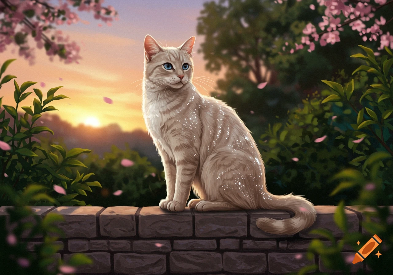 A beige cat with blue eyes, sparkling fur, sits on a stone wall amidst pink cherry blossoms and green foliage at sunset.