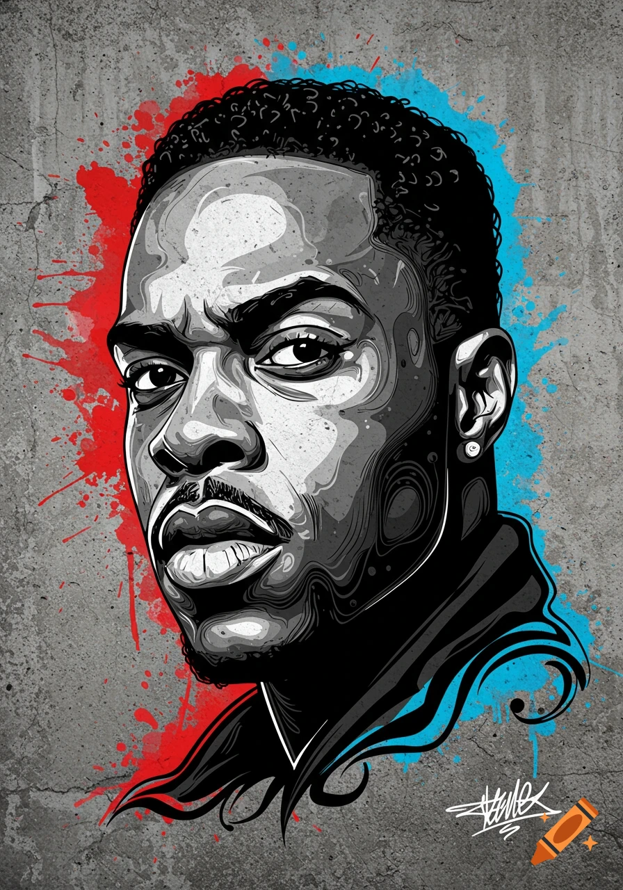 Stylized graffiti line art portrait of a man, featuring a black and white illustration with red and blue paint splatters on a concrete background.
