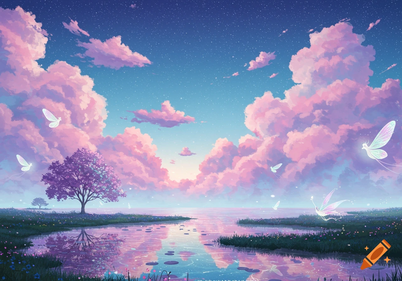 A dreamy landscape with pink clouds, a purple tree reflecting in a serene lake, and glowing butterflies flying under a starry blue sky, in a digital art style.