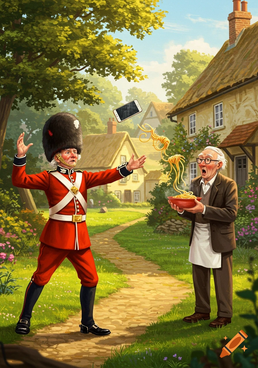 A humorous illustration of a British soldier throwing a smartphone at an old man with flying spaghetti in a quaint village.