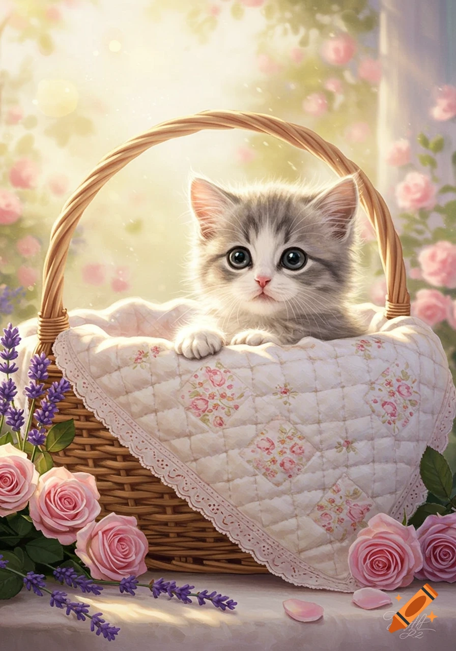 A fluffy grey and white kitten sits in a wicker basket lined with a quilted, floral blanket, surrounded by pink roses and lavender in a soft, bright setting.