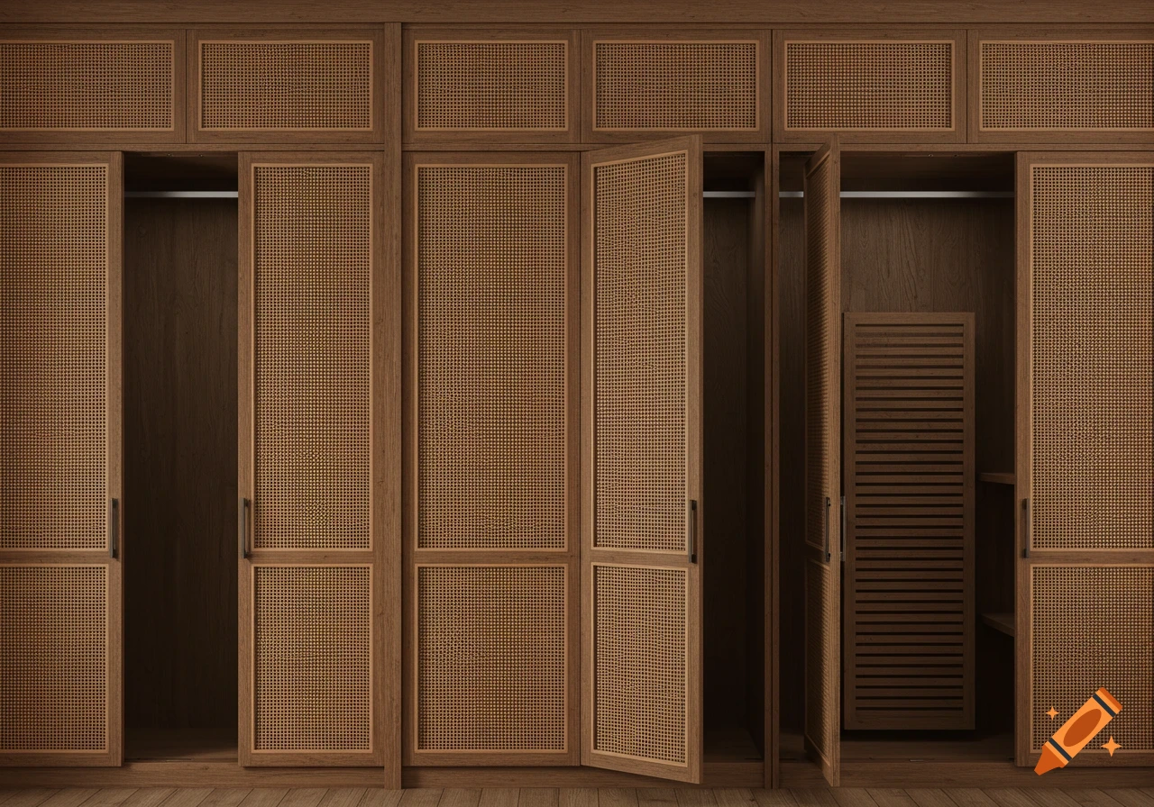 Wall-to-wall wooden wardrobe with rattan-covered doors, some slightly ajar, revealing internal shelves. Photorealistic.