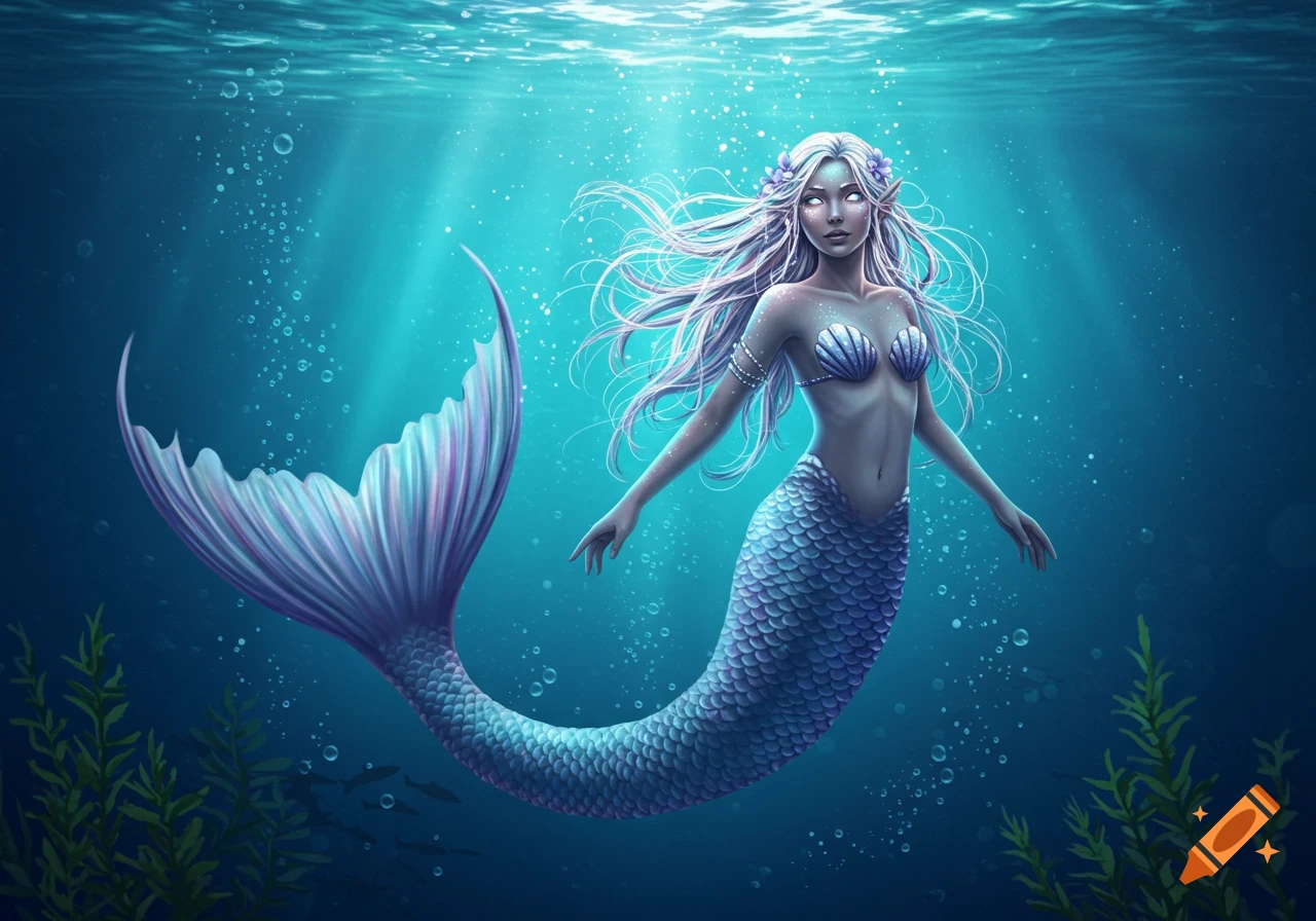 A majestic white-haired mermaid with a blue and purple shimmering tail and shell top swims underwater with bubbles and plant life.