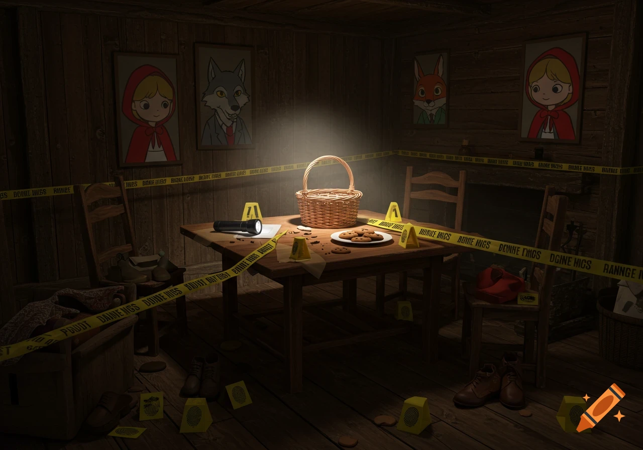 Photorealistic mock crime scene in a dim wooden cottage with Little Red Riding Hood characters, yellow tape, and evidence markers.