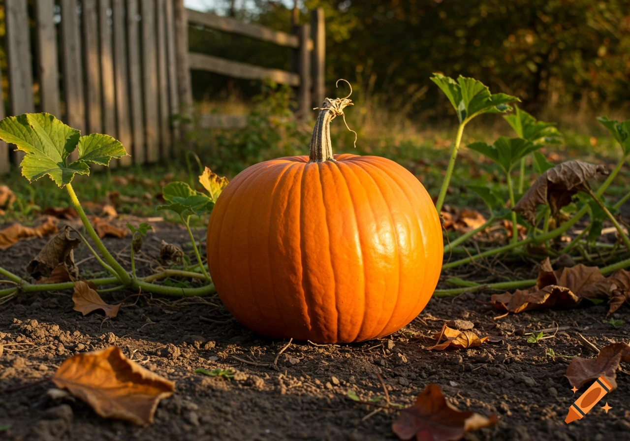 A photorealistic orange pumpkin sits on dark soil with green leaves and fallen autumn leaves, a wooden fence in the background under warm sunlight.
