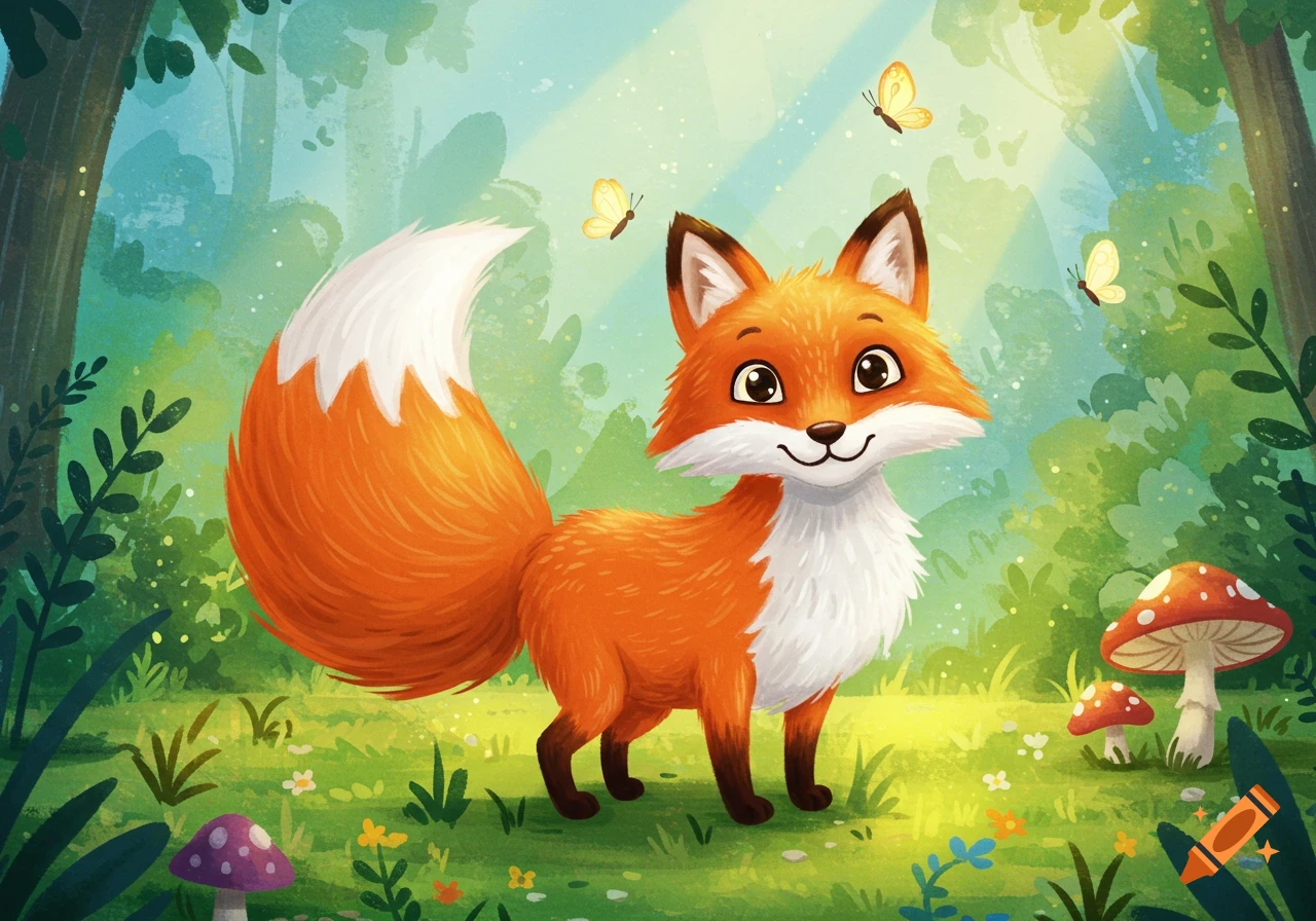 A friendly cartoon fox with a fluffy white-tipped tail smiles in a bright, green forest with butterflies and mushrooms.
