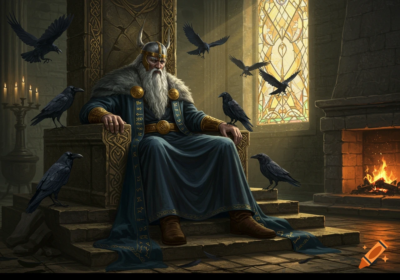 Odin, a white-bearded god in a horned helmet and blue robes, sits on an ornate stone throne surrounded by several black ravens in a grand hall with a stained-glass window.