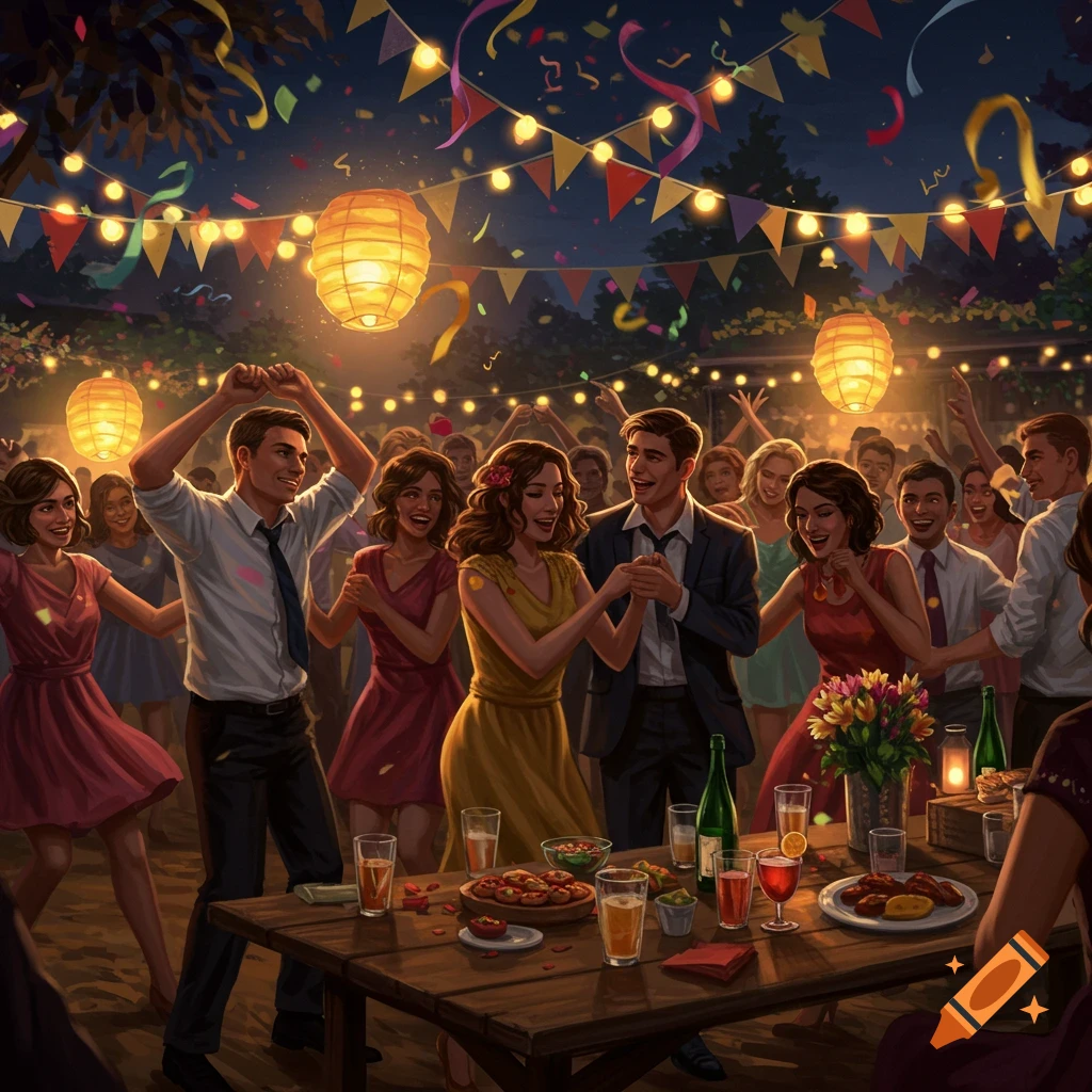 People dancing and celebrating at a lively outdoor night party with illuminated lanterns, string lights, and colorful confetti.