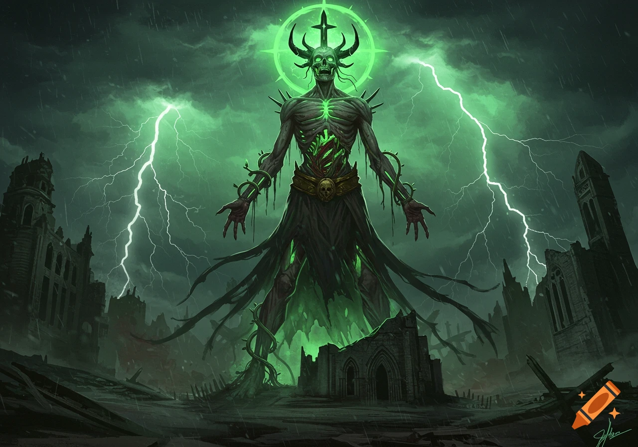 A skeletal, horned zombie god glows green amidst lightning over a ruined city in a dark fantasy illustration.