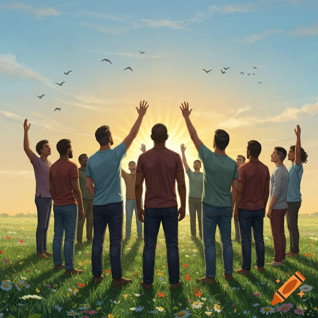 Digital painting of men in a field with arms raised towards a bright sunrise, symbolizing hope.
