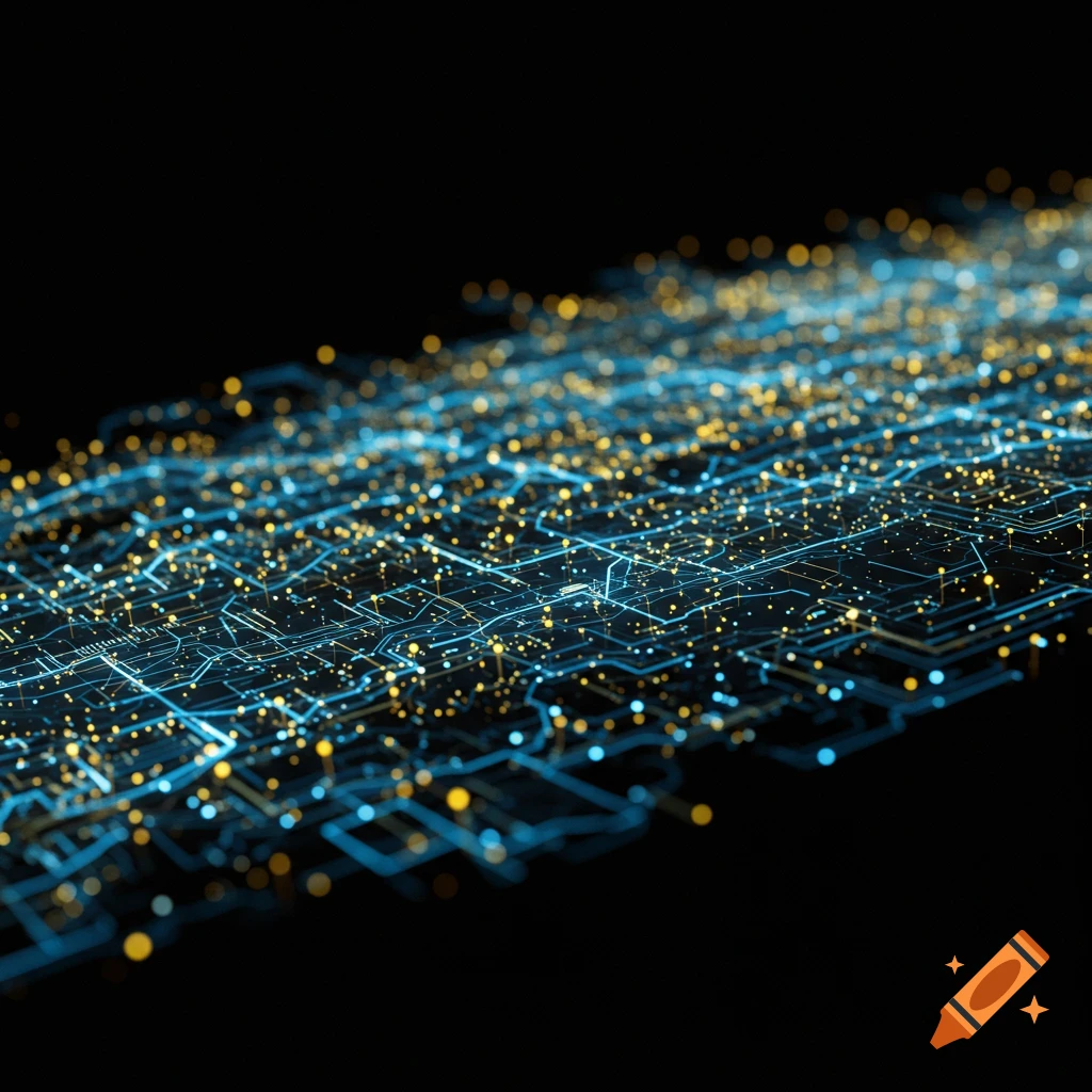 Abstract digital network with glowing blue lines and yellow dots on a dark background, sharp focus in the foreground, blurring into the distance.