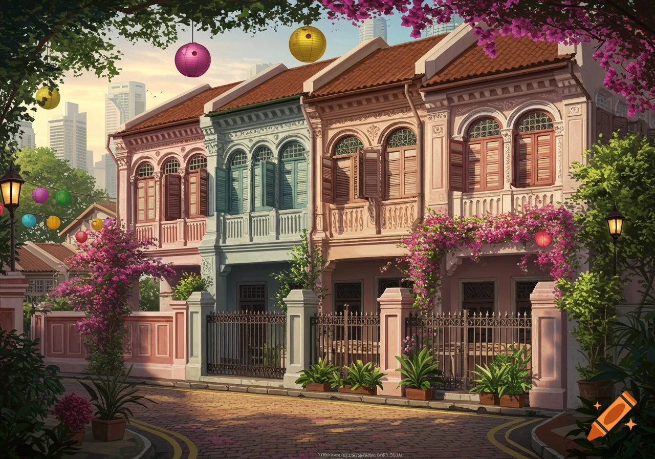 Illustrative painting of colorful shophouses with bougainvillea, arched windows, and hanging lanterns along a cobbled street in an urban setting.