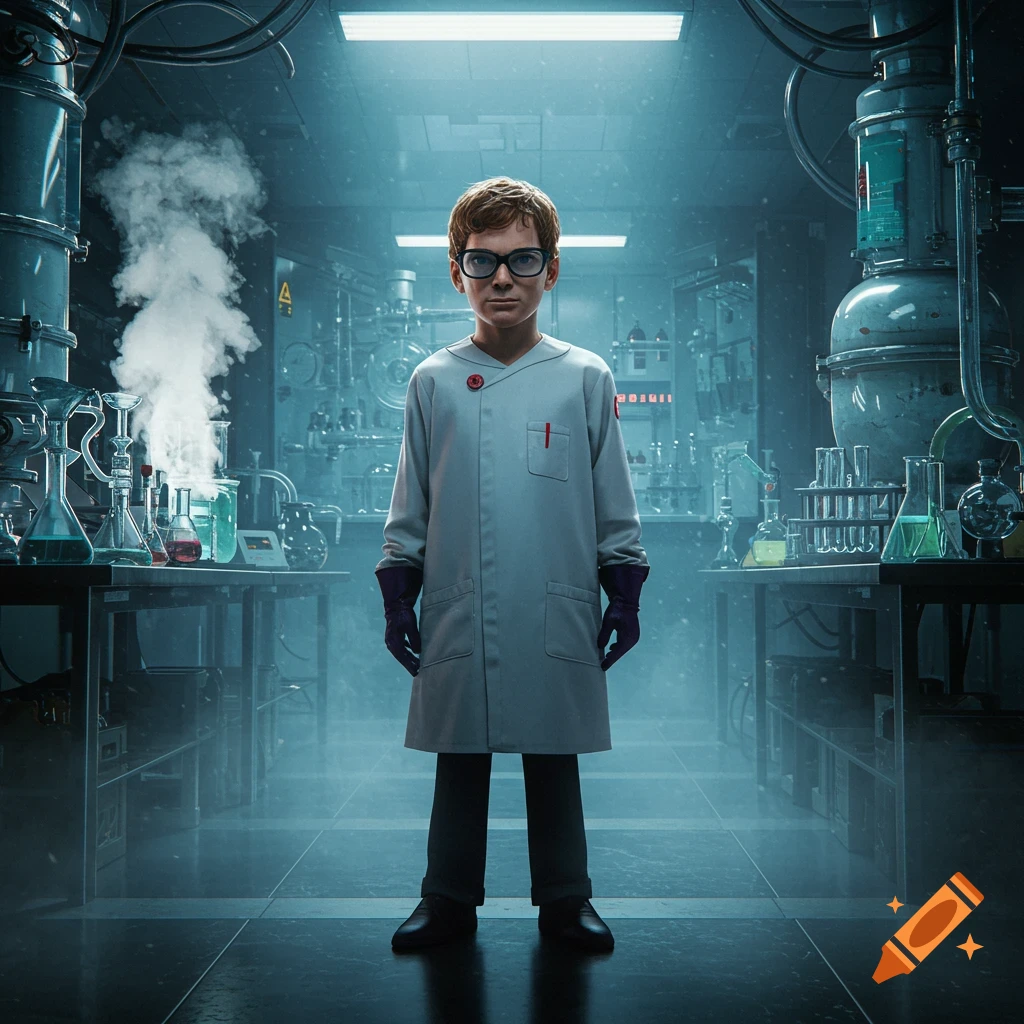 A young boy scientist in a lab coat, gloves, and glasses stands in a futuristic laboratory filled with smoking beakers.