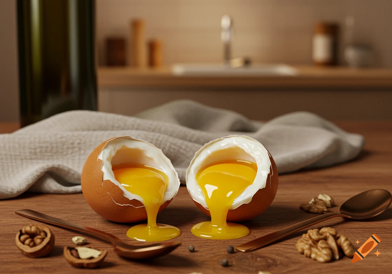 Two soft-boiled eggs with runny yolks spill onto a rustic wooden table alongside bronze spoons and walnuts, with a blurry kitchen in the background, photorealistic.