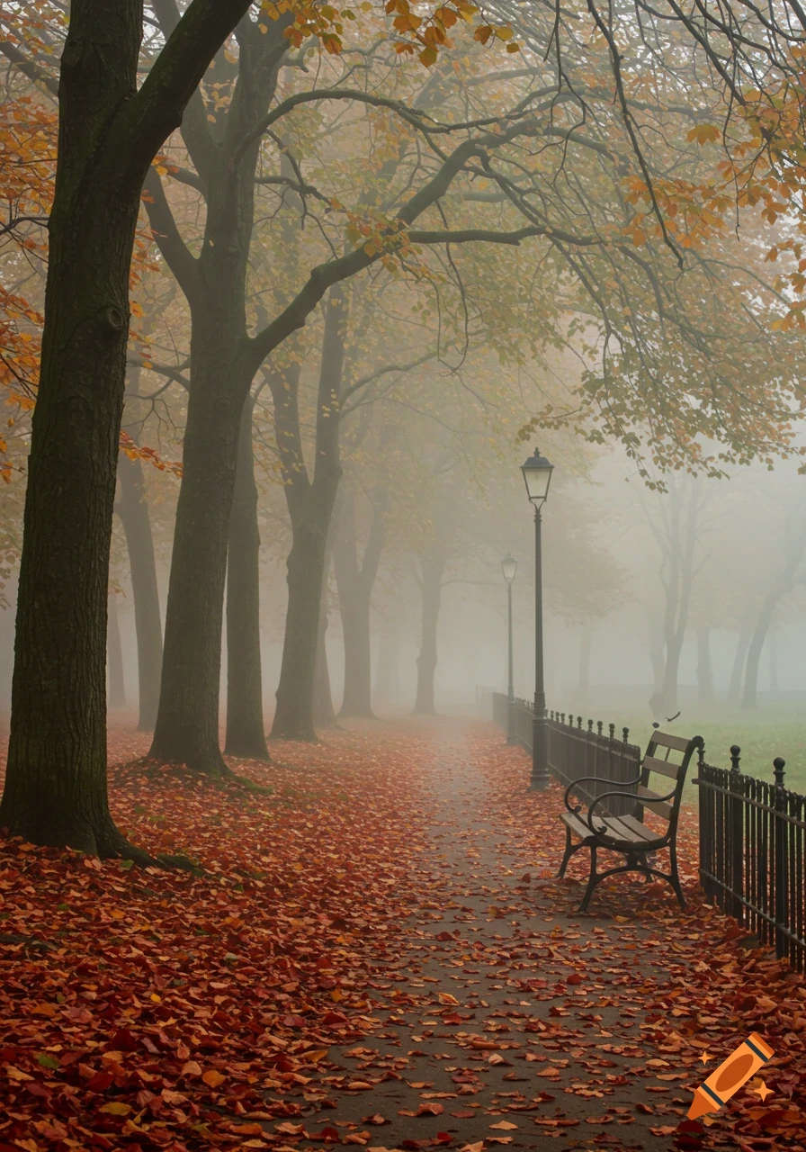 A foggy autumn park path lined with trees and covered in red-orange leaves, with a bench and lamppost.