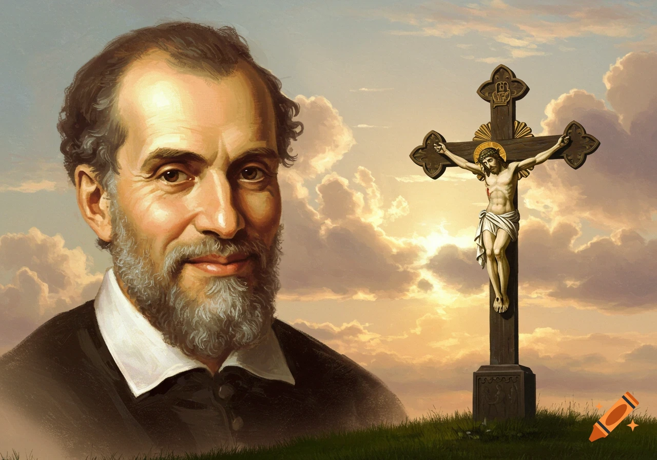 An oil painting style portrait of a smiling, bearded man, possibly Spinoza, against a cloudy sky with a medieval-style crucifix depicting Jesus in the background.