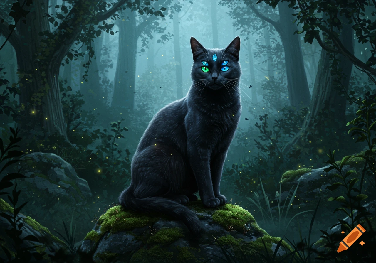A black cat with four glowing eyes sits on a mossy rock in a dark, misty forest with fireflies.