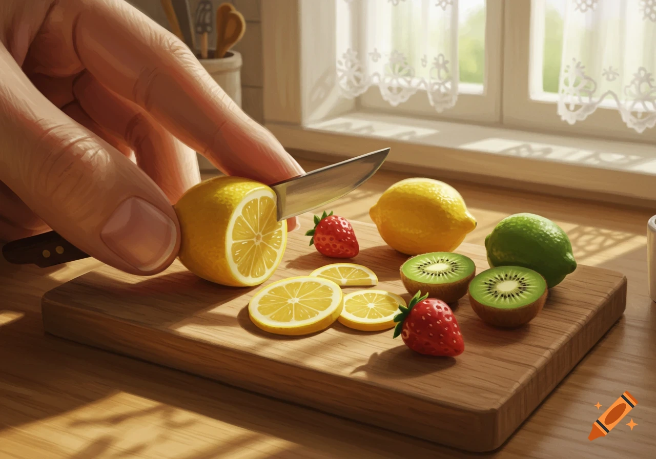 A hand slicing a lemon on a wooden cutting board with kiwis, strawberries, and a lime in a sunlit kitchen.