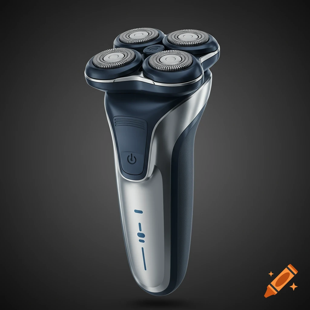 A dark blue and silver electric shaver with four rotary blades and a power button on a dark background.