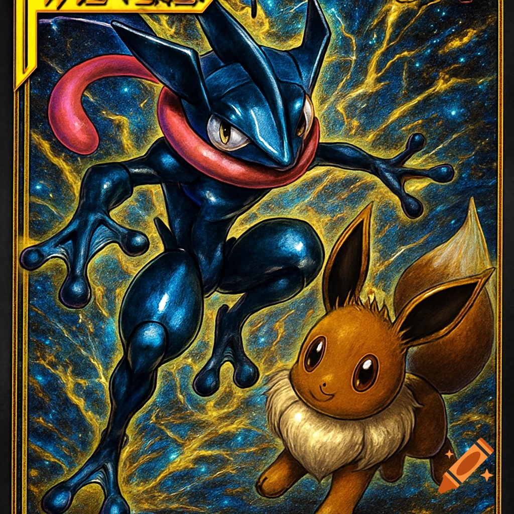 Shiny Greninja and Eevee on a vibrant, electric-patterned trading card, with a gold border.
