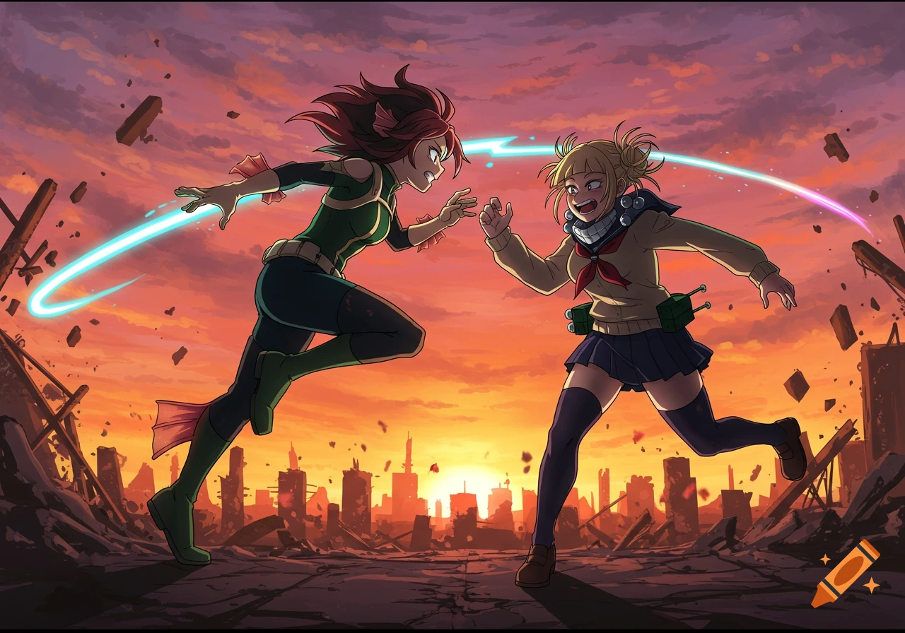 Anime characters Tsuyu and Toga fight in a dynamic pose in a ruined city at sunset.