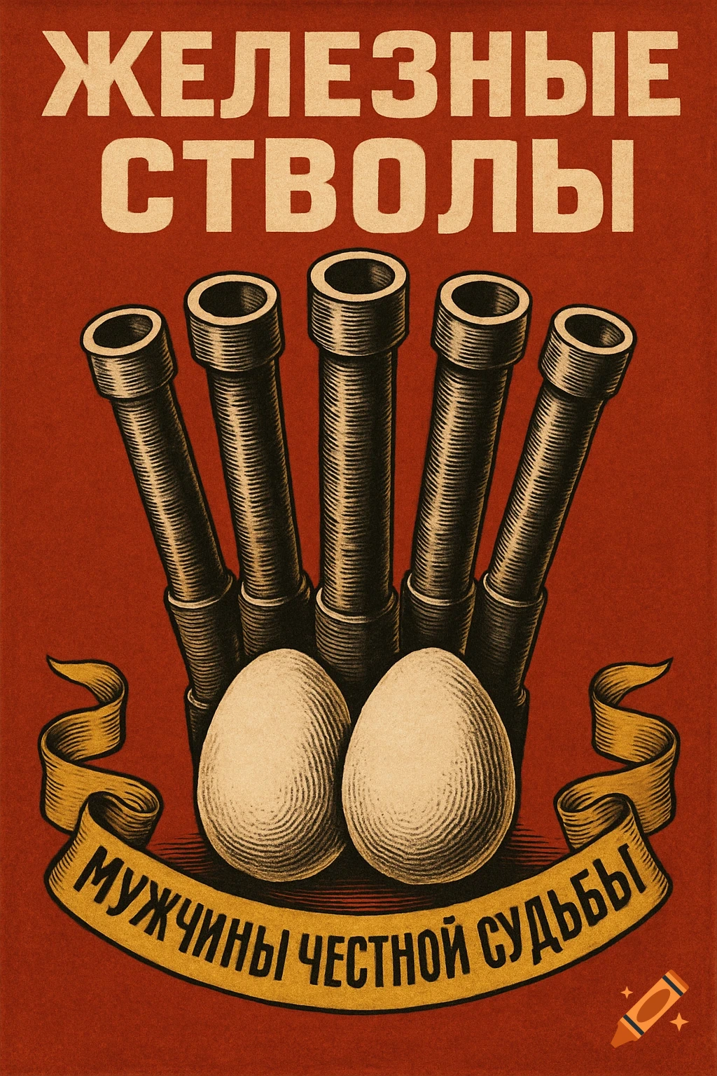 A satirical Soviet-style poster with five cannon barrels and two eggs, on a red background with text in Russian.