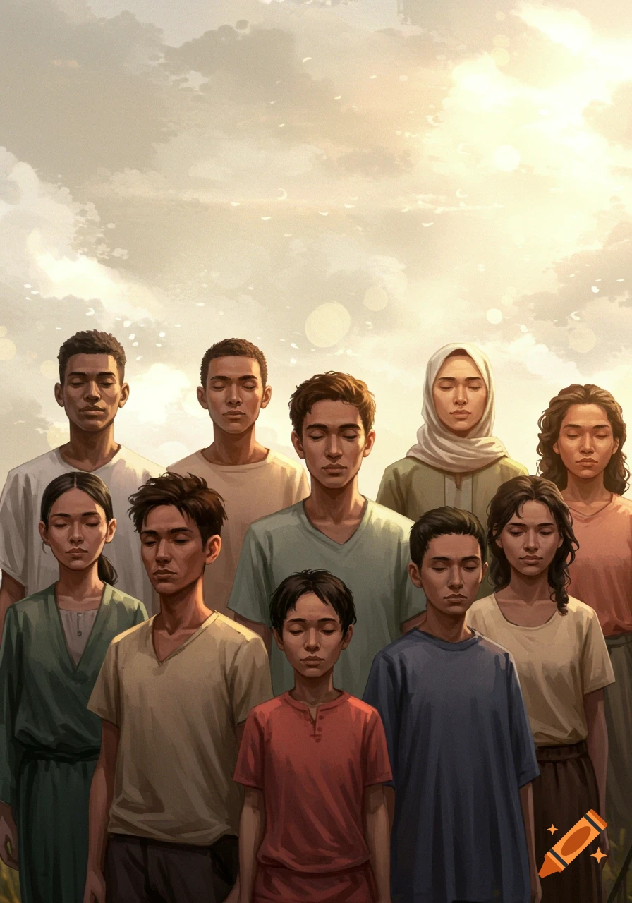 A digital painting of a diverse group of people standing with closed eyes under a bright, cloudy sky.