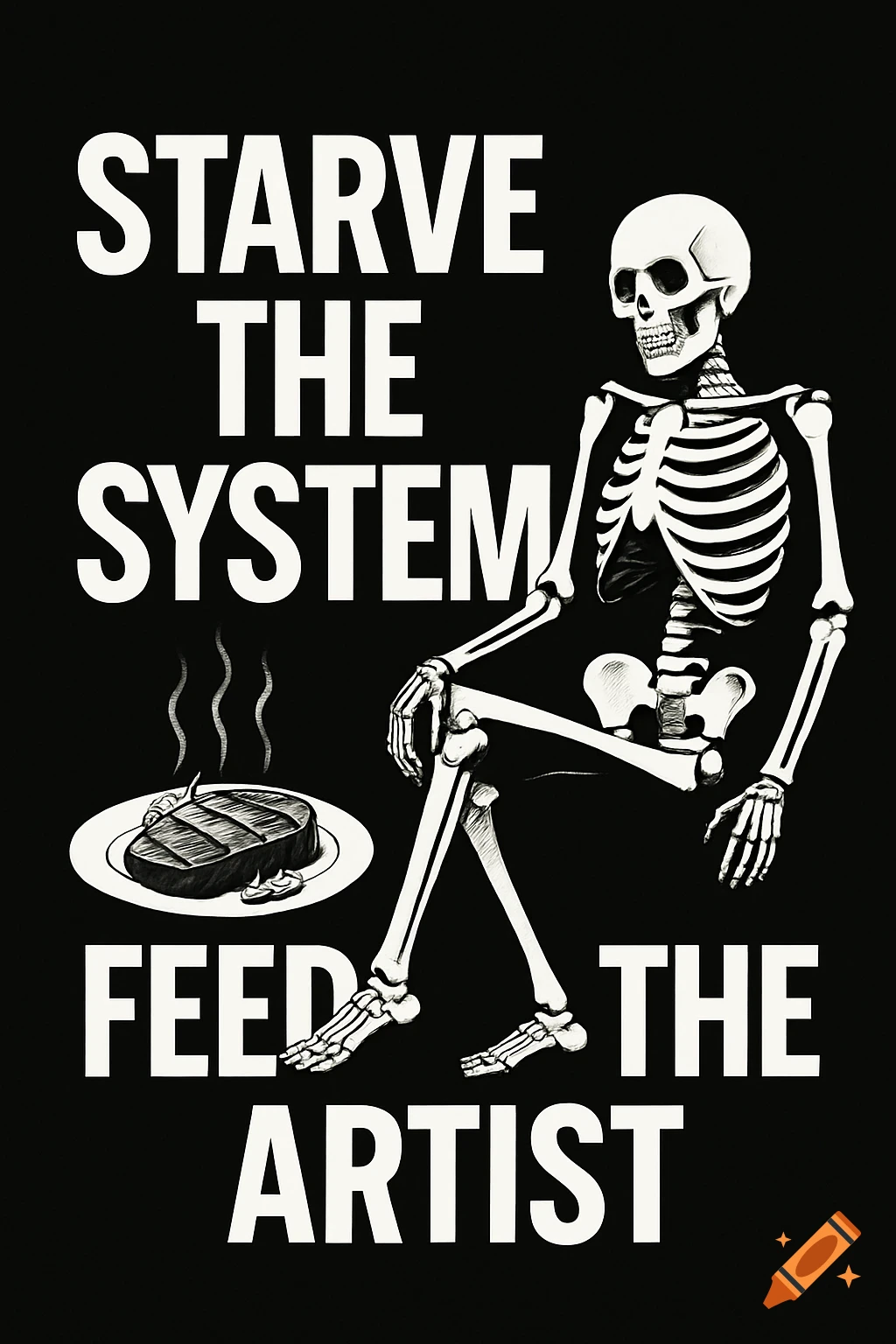 A black and white graphic with a skeleton sitting next to a steaming steak, surrounded by the text 'Starve the System Feed the Artist'.