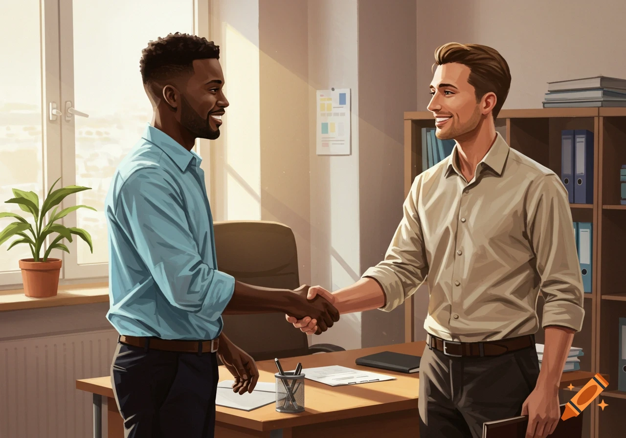 Two smiling men shaking hands in a bright office, symbolizing a successful business deal in an illustrated style.