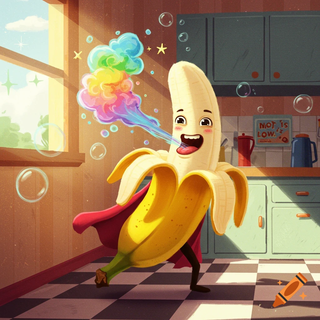 A cartoon peeled banana wearing a red cape exhales a rainbow cloud in a sunny kitchen with a checkered floor.