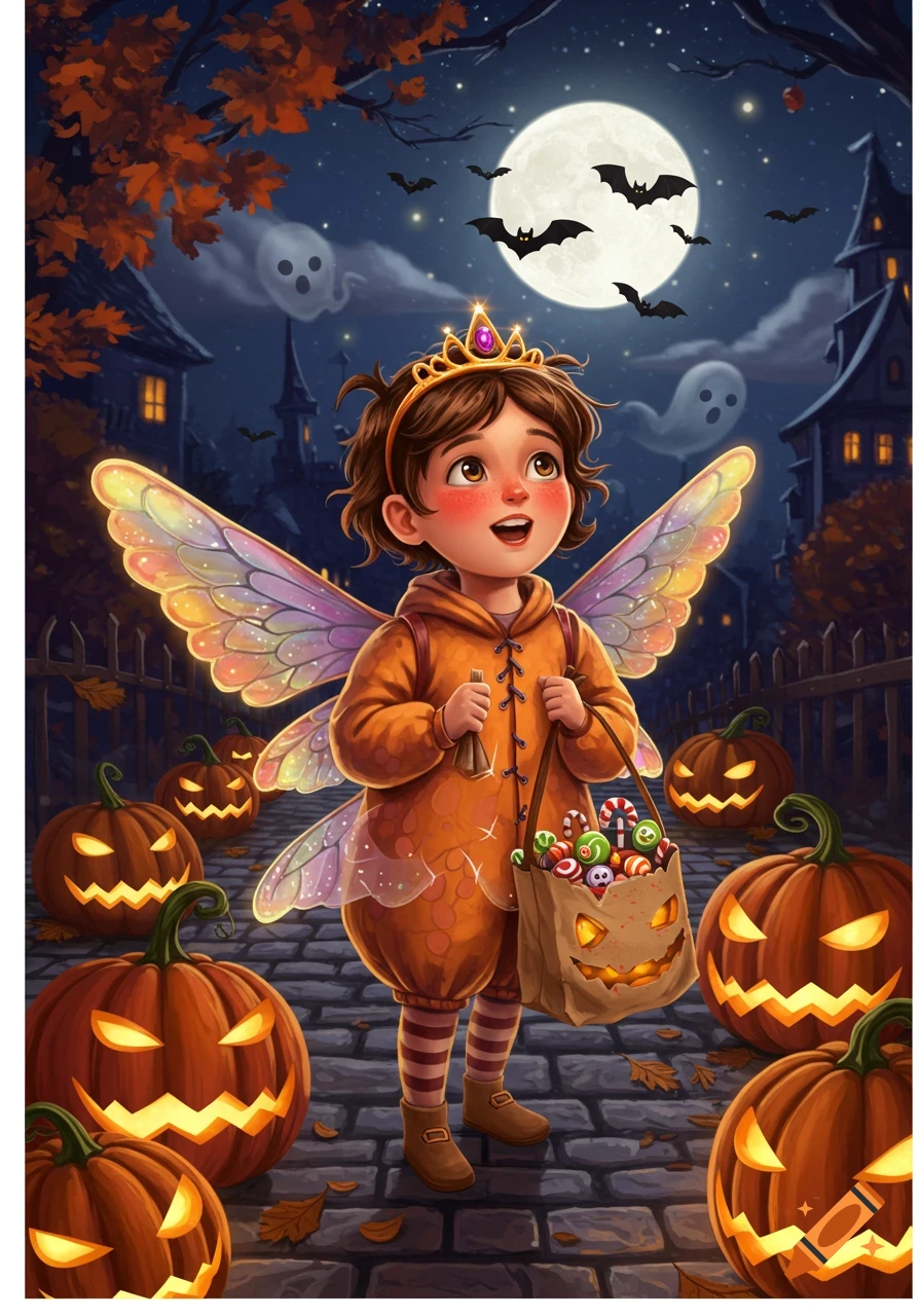 A whimsical illustration of a child in a fairy princess costume trick-or-treating at night, surrounded by glowing jack-o'-lanterns, ghosts, and bats under a full moon.